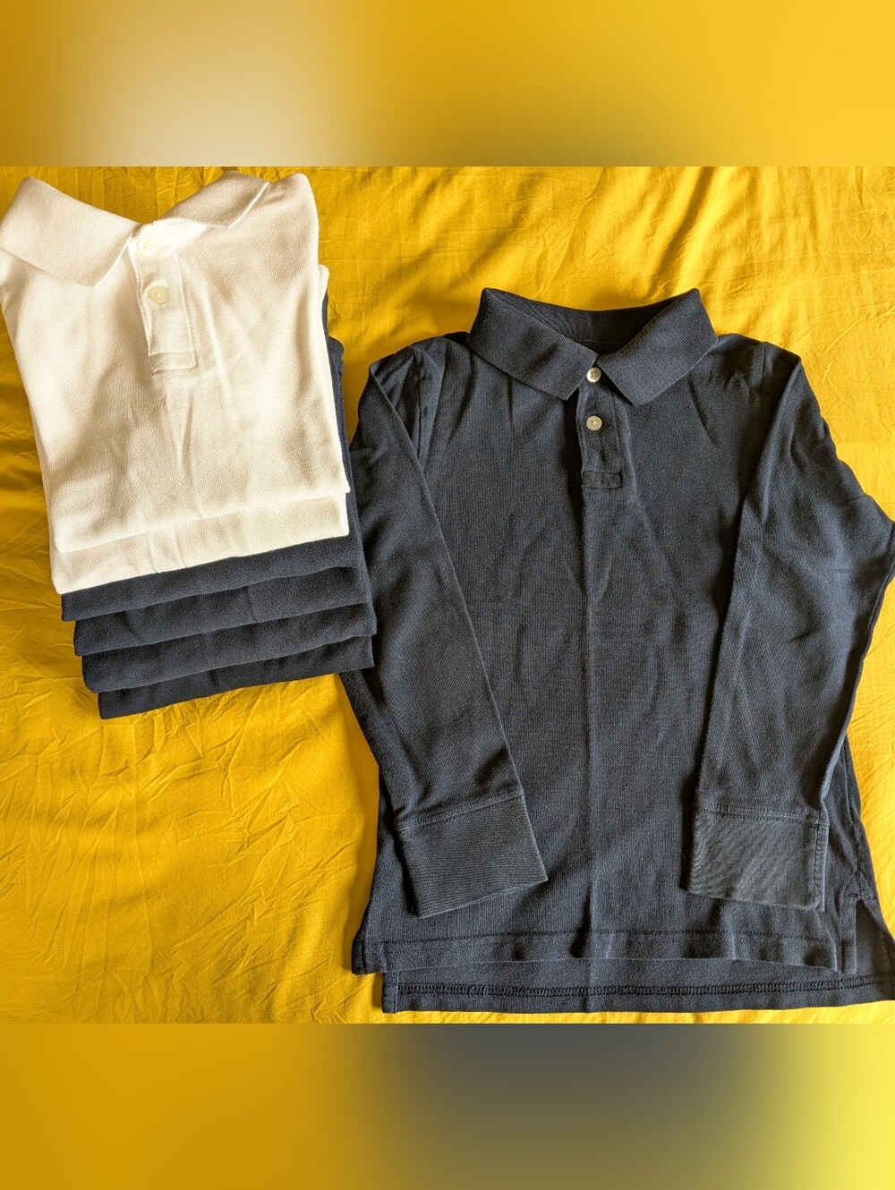 7️⃣ Children's Place Navy & White Long-Sleeve Pique Uniform Polos; Size: S 5 / 6